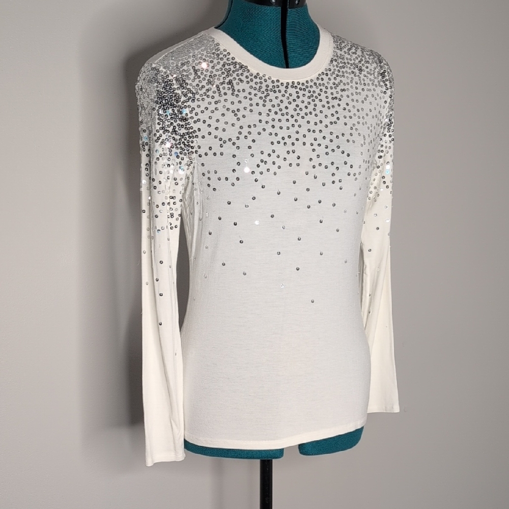 INC International Concepts White and Silver Sequin Long Sleeve Top